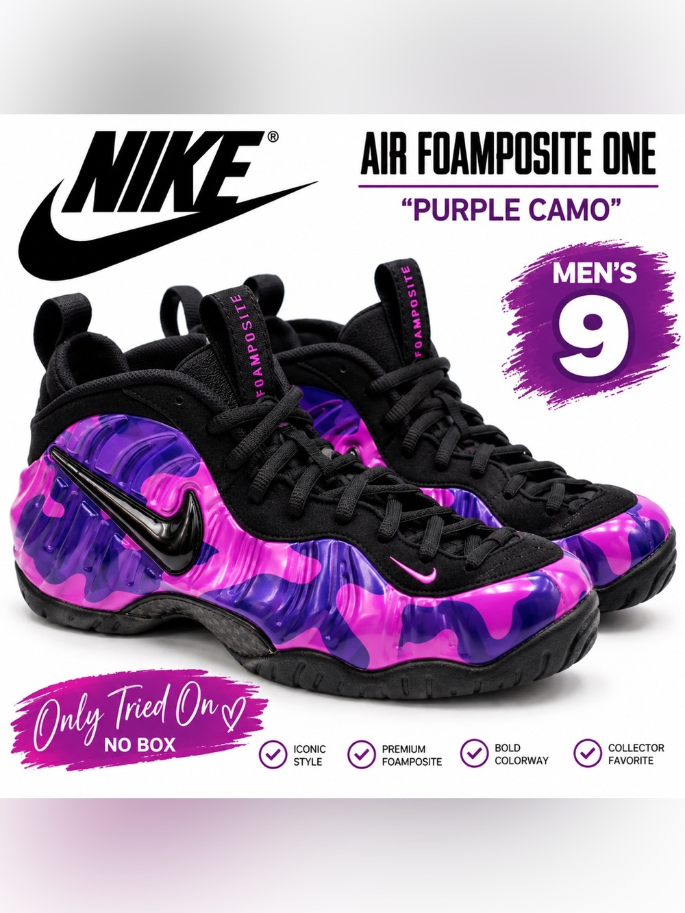 Nike Air Foamposite One Purple Camo Men’s 9 Only Tried On No Box